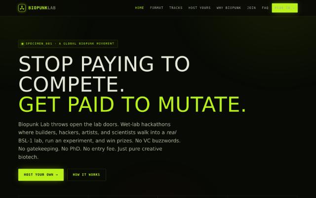 Screenshot of the Biopunk Hackathon site