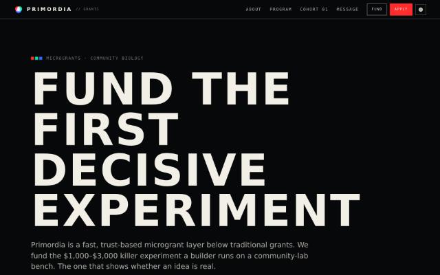 Screenshot of the Primordia Grants site